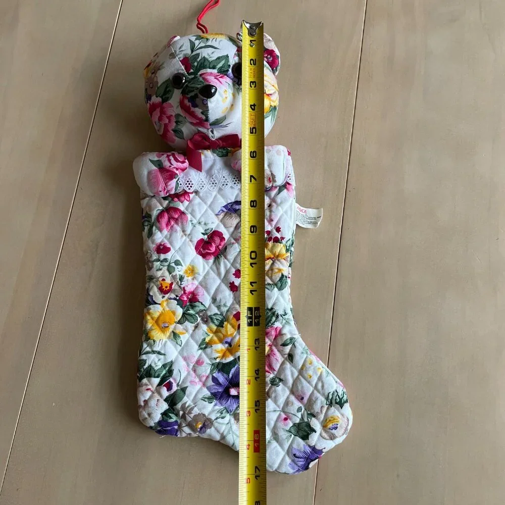 VINTAGE RARE Milaca Mills Floral Quilted‎ Teddy Bear Christmas Stocking